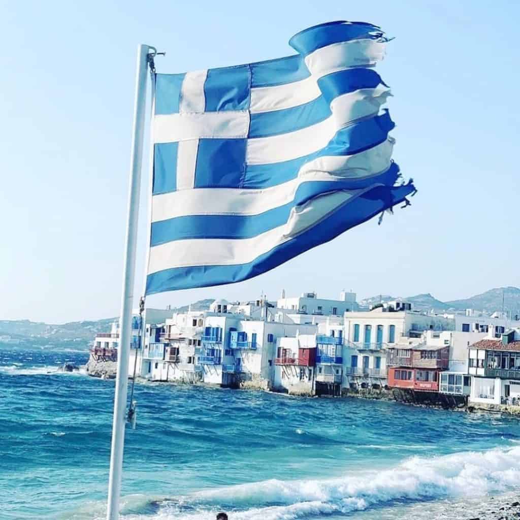 Greece Flag on Mykonos pilgrimage tour st paul