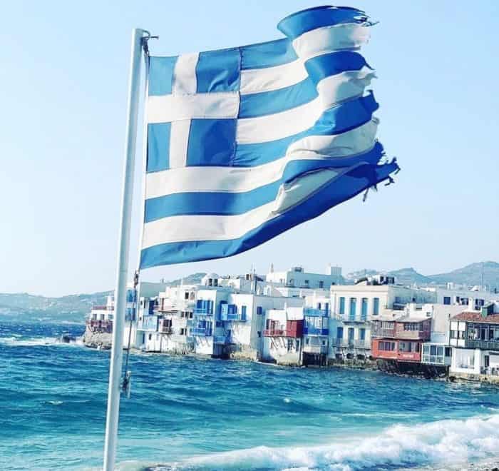 Greece Flag on Mykonos pilgrimage tour st paul