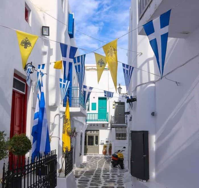 flags flying at Mykonos greece pilgrimage tour st Paul