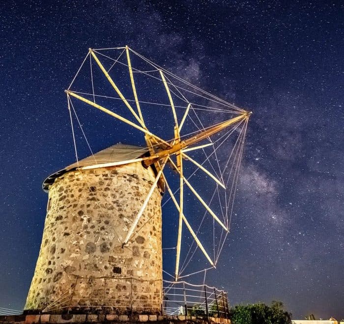 Patmos windmill at night greece pilgrimage tour